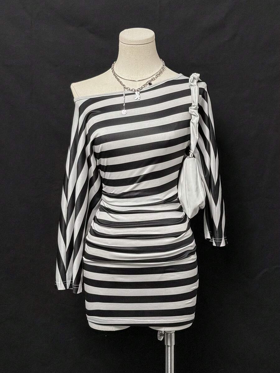 Bodycon Dress Women - Black And White Striped Asymmetric Shoulder