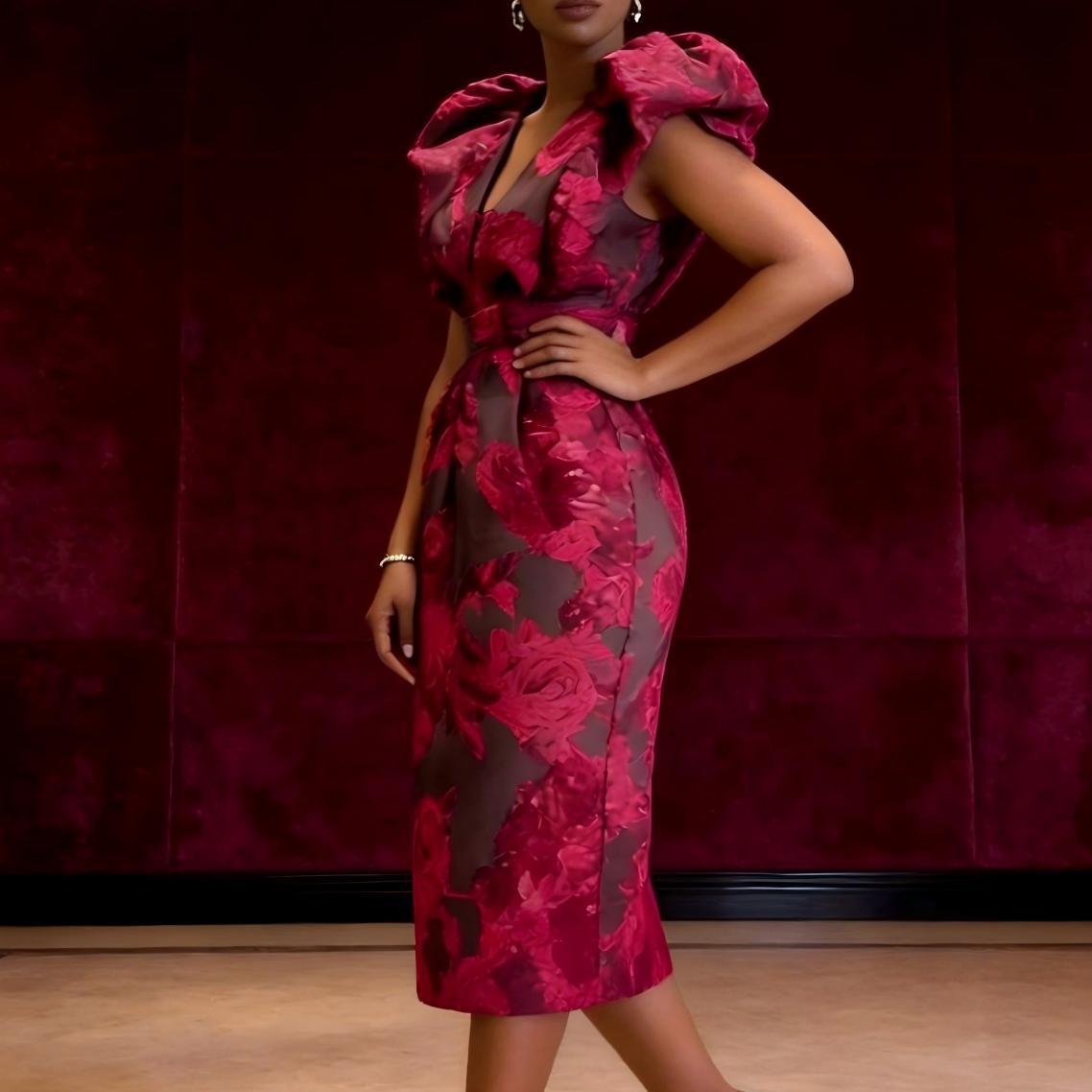 Bodycon Dress Women - QMANSHA Plus Size Burgundy Floral Jacquard